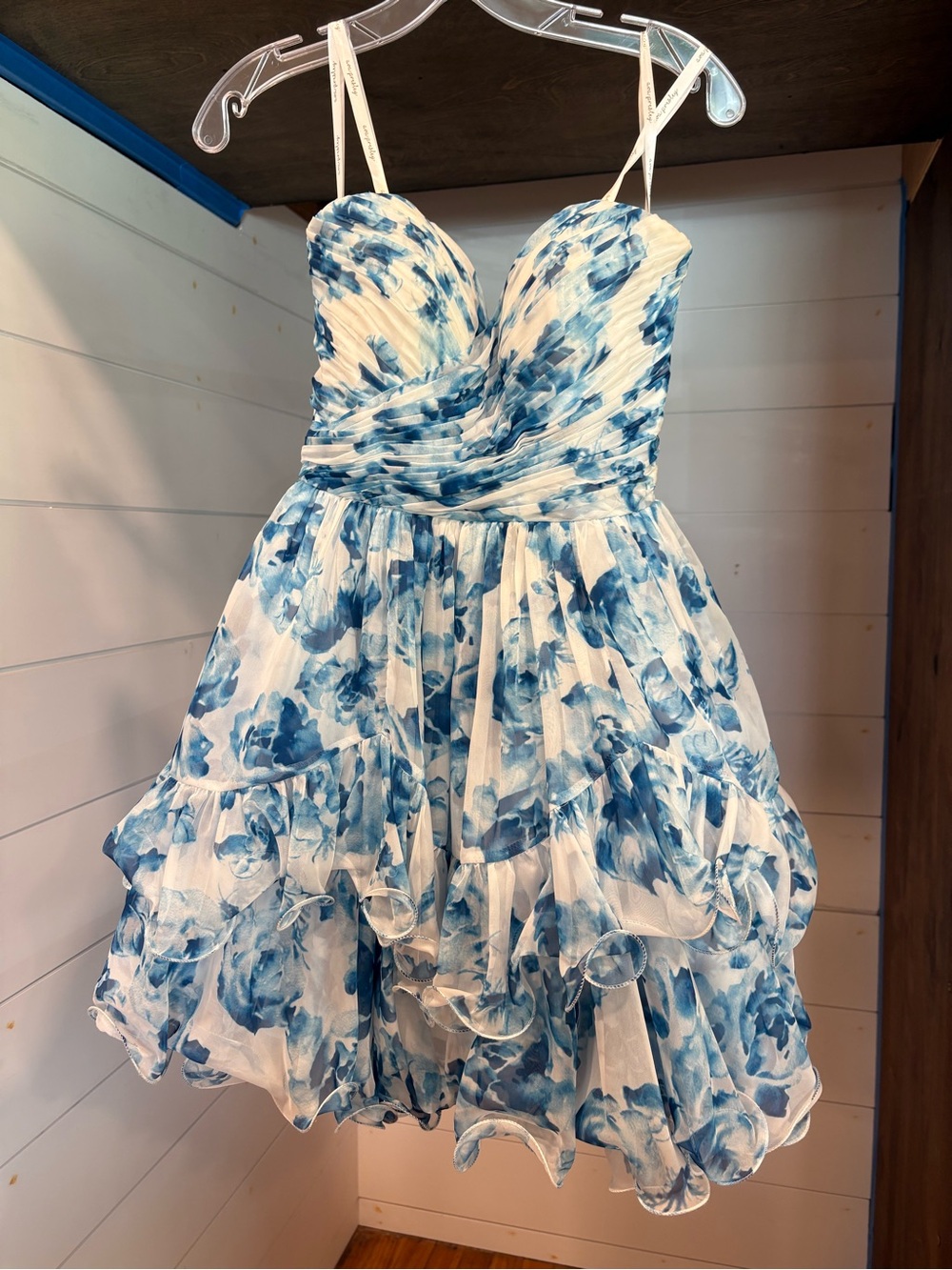 Blue Floral Strapless Ruffle Mini Dress